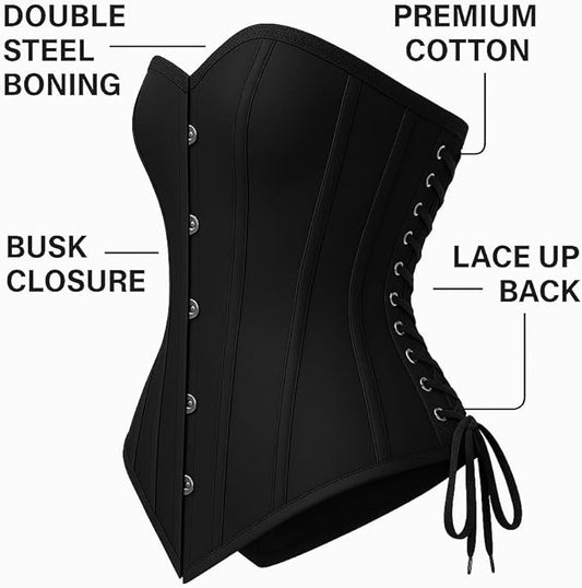 Black Overbust Corset with Double Steel Boning | Premium Waist Training Corset