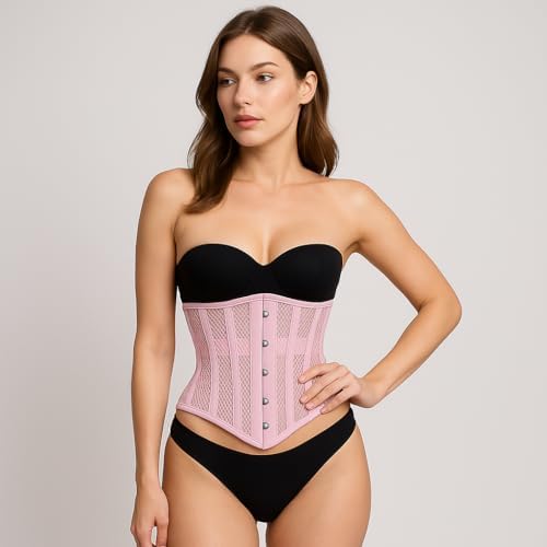 Pink Mesh Underbust Corset Waist Trainer for Women | Steel Boned Shapewear | Waist Cincher & Curve Definition