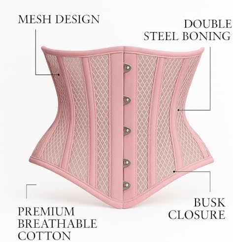 Pink Mesh Underbust Corset Waist Trainer for Women | Steel Boned Shapewear | Waist Cincher & Curve Definition
