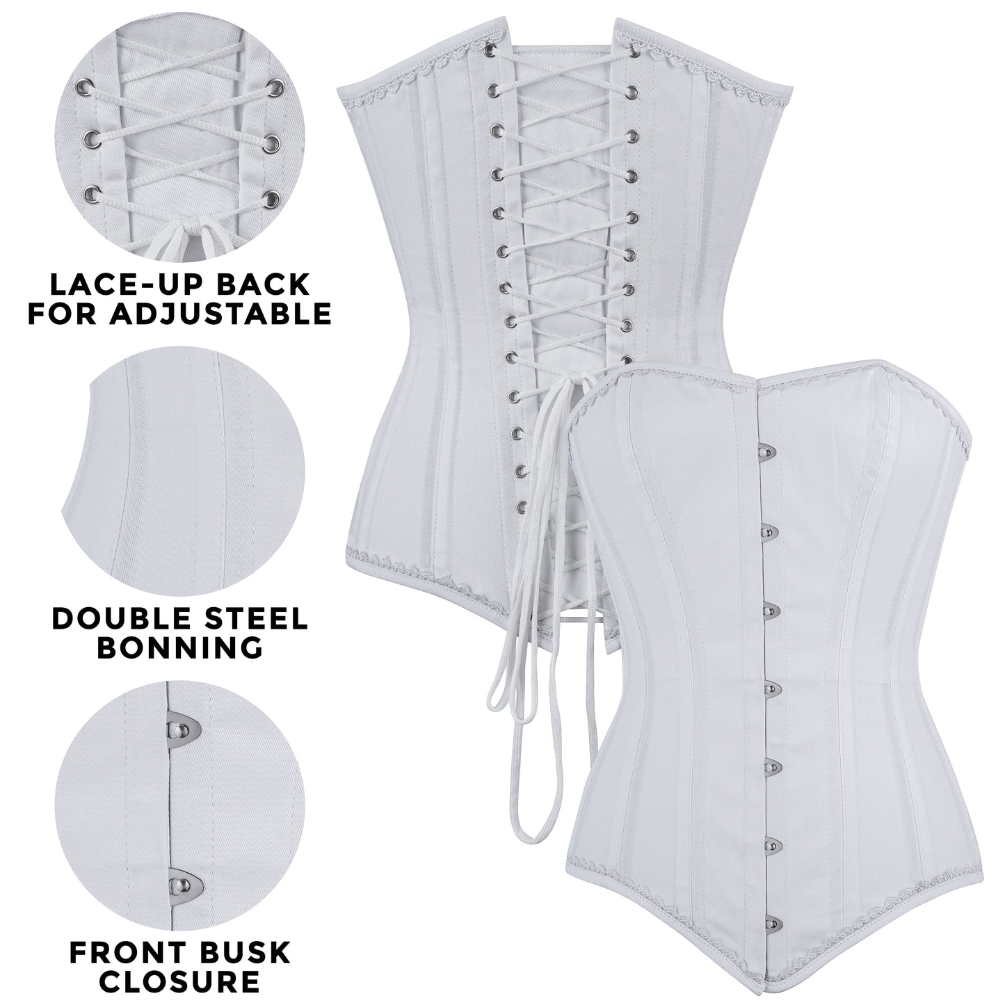White Overbust Corset – Double Steel Boned Waist Trainer with Lace-Up Back | Premium Cotton