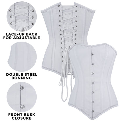 White Overbust Corset – Double Steel Boned Waist Trainer with Lace-Up Back | Premium Cotton