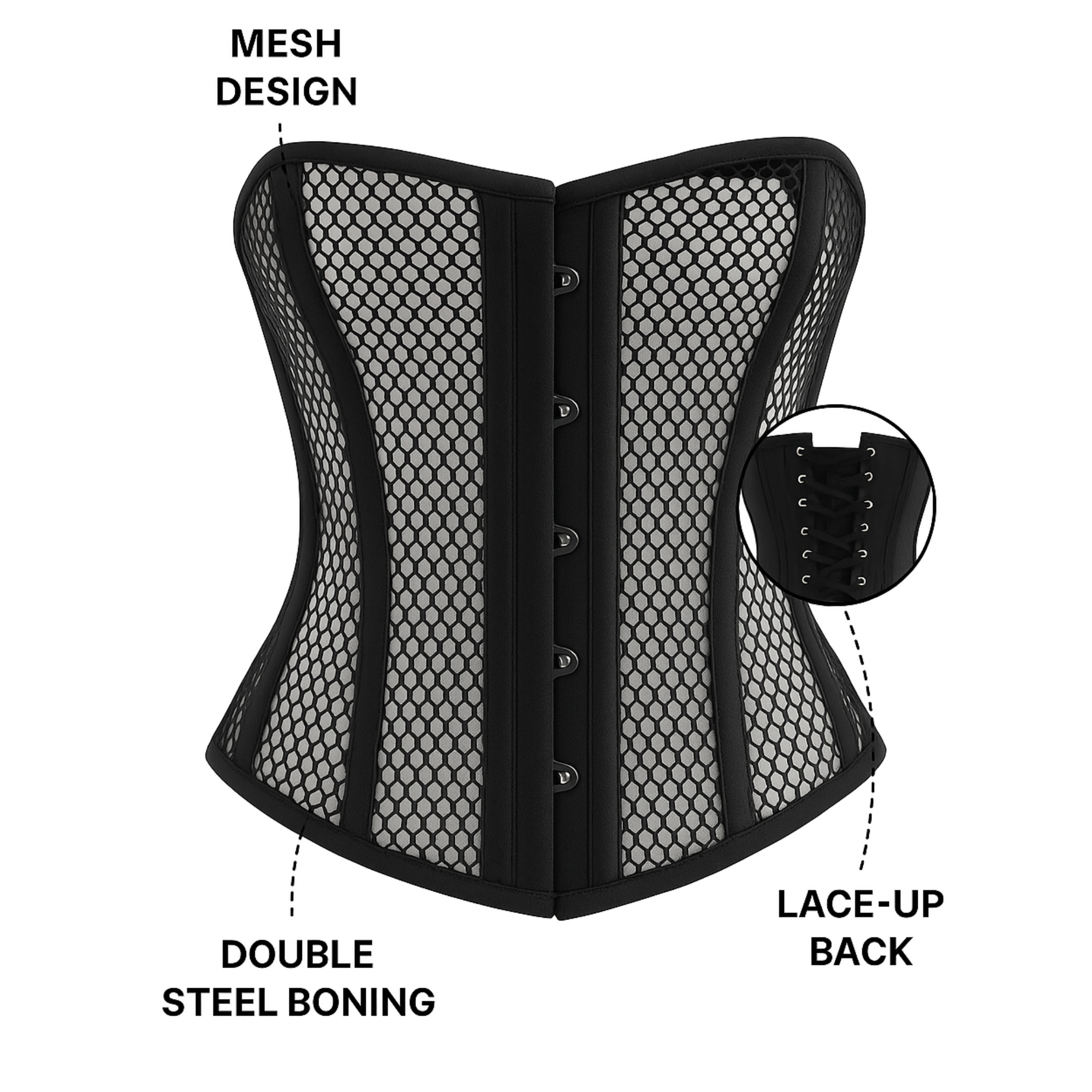 Mesh Overbust Corset – Breathable Cotton, Steel Boning & Lace-Up Back | Waist Training & Fashion Wear