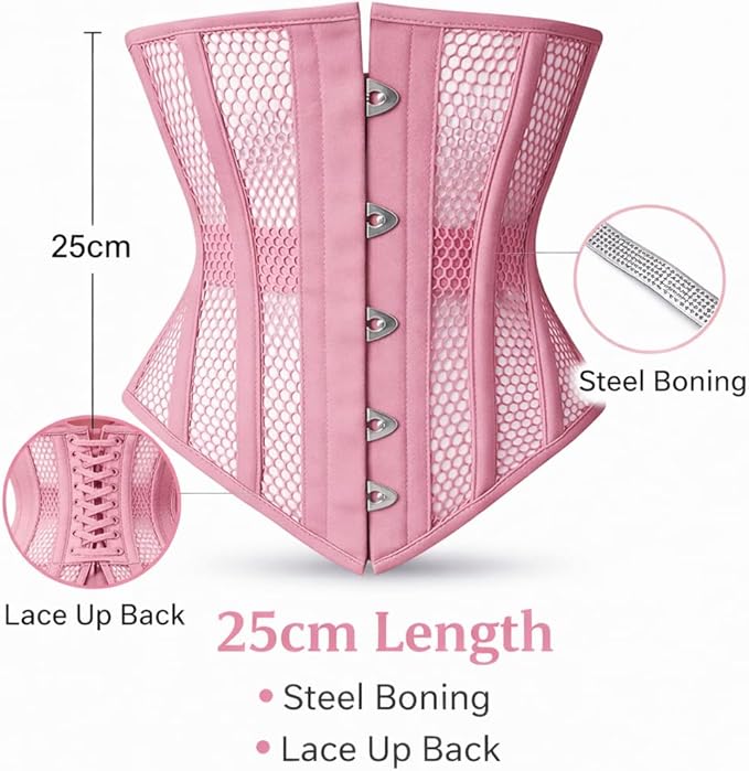 Pink Mesh Underbust Corset Waist Trainer for Women | Steel Boned Shapewear | Waist Cincher & Curve Definition