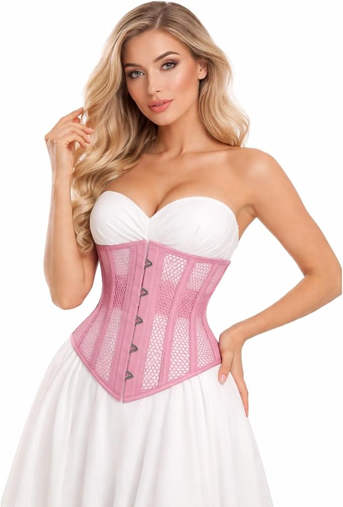 Pink Mesh Underbust Corset Waist Trainer for Women | Steel Boned Shapewear | Waist Cincher & Curve Definition