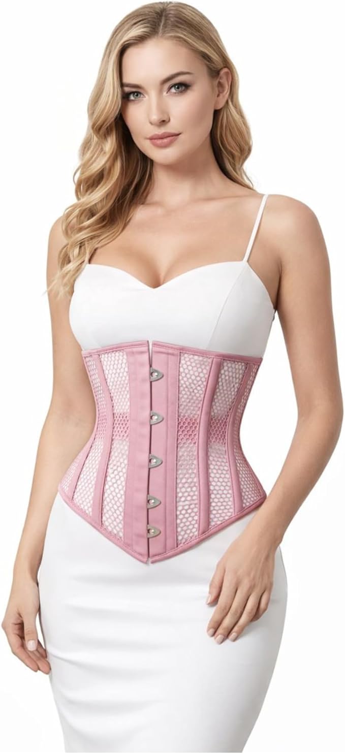 Pink Mesh Underbust Corset Waist Trainer for Women | Steel Boned Shapewear | Waist Cincher & Curve Definition