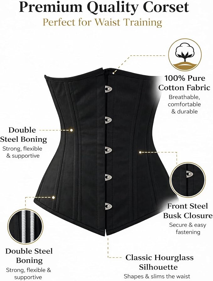 Black Underbust Corset | Steel Boned Waist Trainer | Slimming & Posture Support