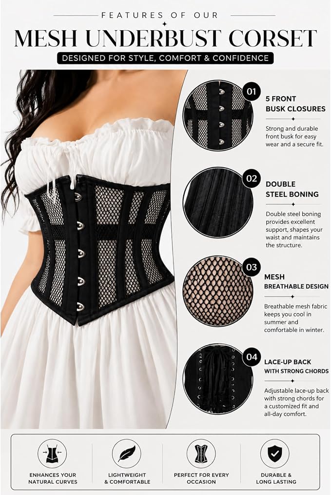 Steel Boned Underbust Corset – Mesh Waist Trainer for Women | Tummy Control Shapewear, Slimming & Posture Support