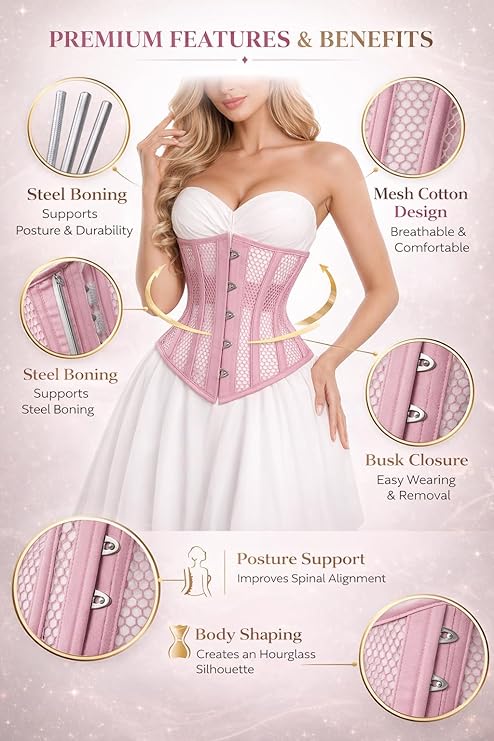 Pink Mesh Underbust Corset Waist Trainer for Women | Steel Boned Shapewear | Waist Cincher & Curve Definition
