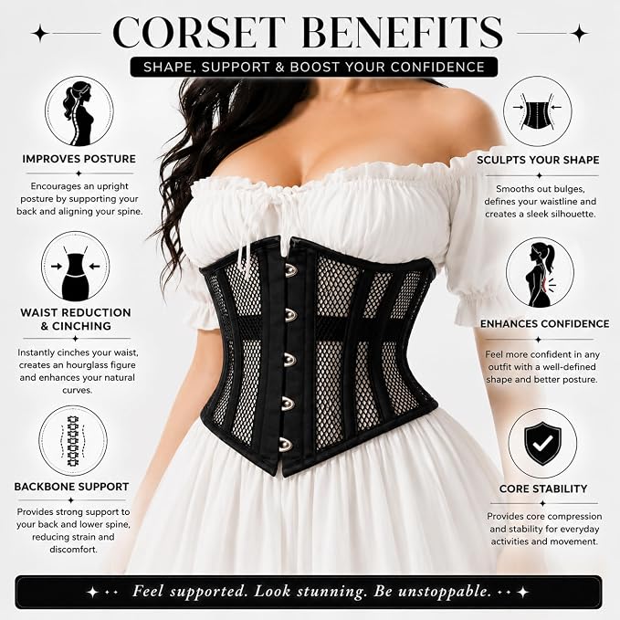 Steel Boned Underbust Corset – Mesh Waist Trainer for Women | Tummy Control Shapewear, Slimming & Posture Support
