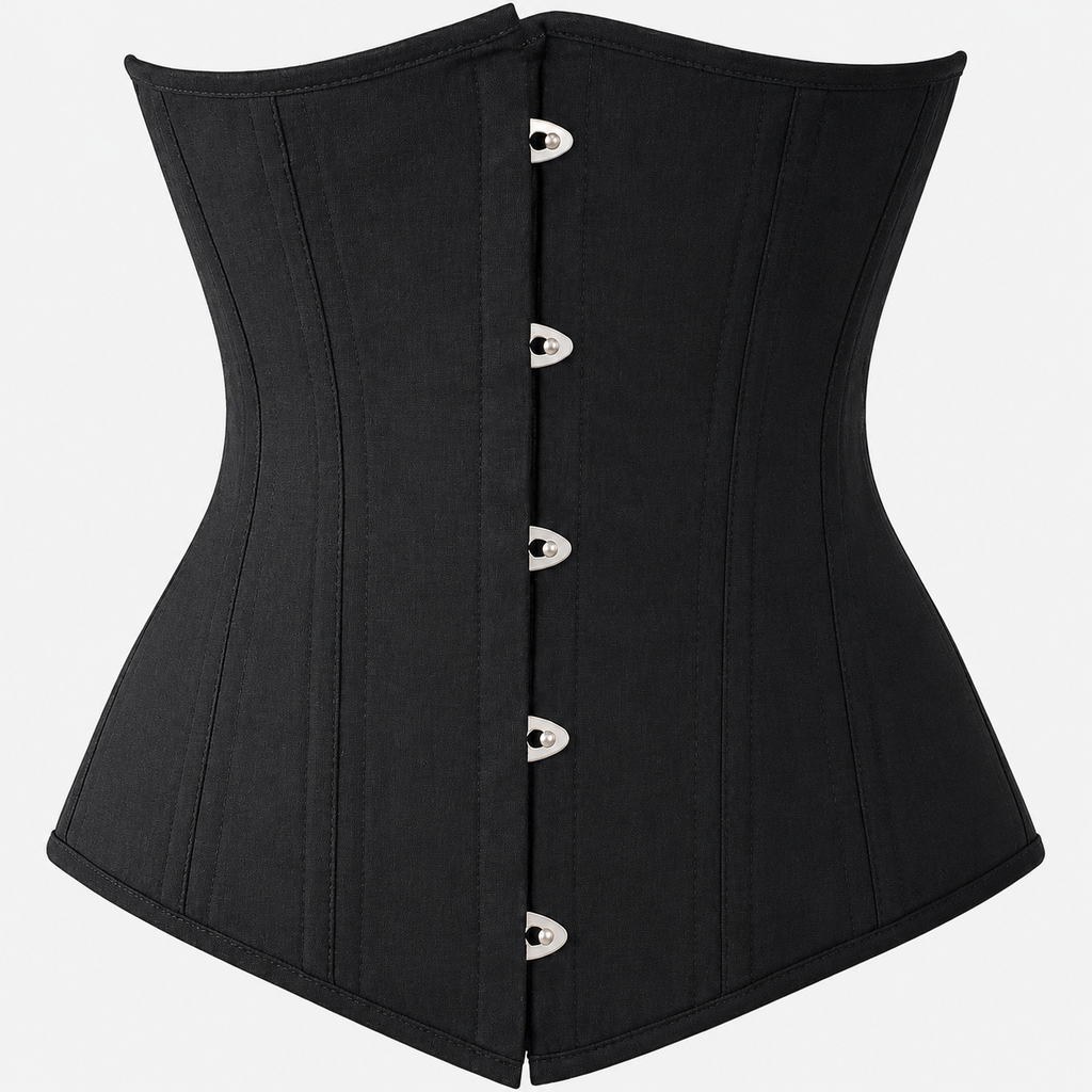 Black Underbust Corset – 24 Steel Bones, 100% Cotton Waist Training Corset with Busk Front & Lace-Up Back