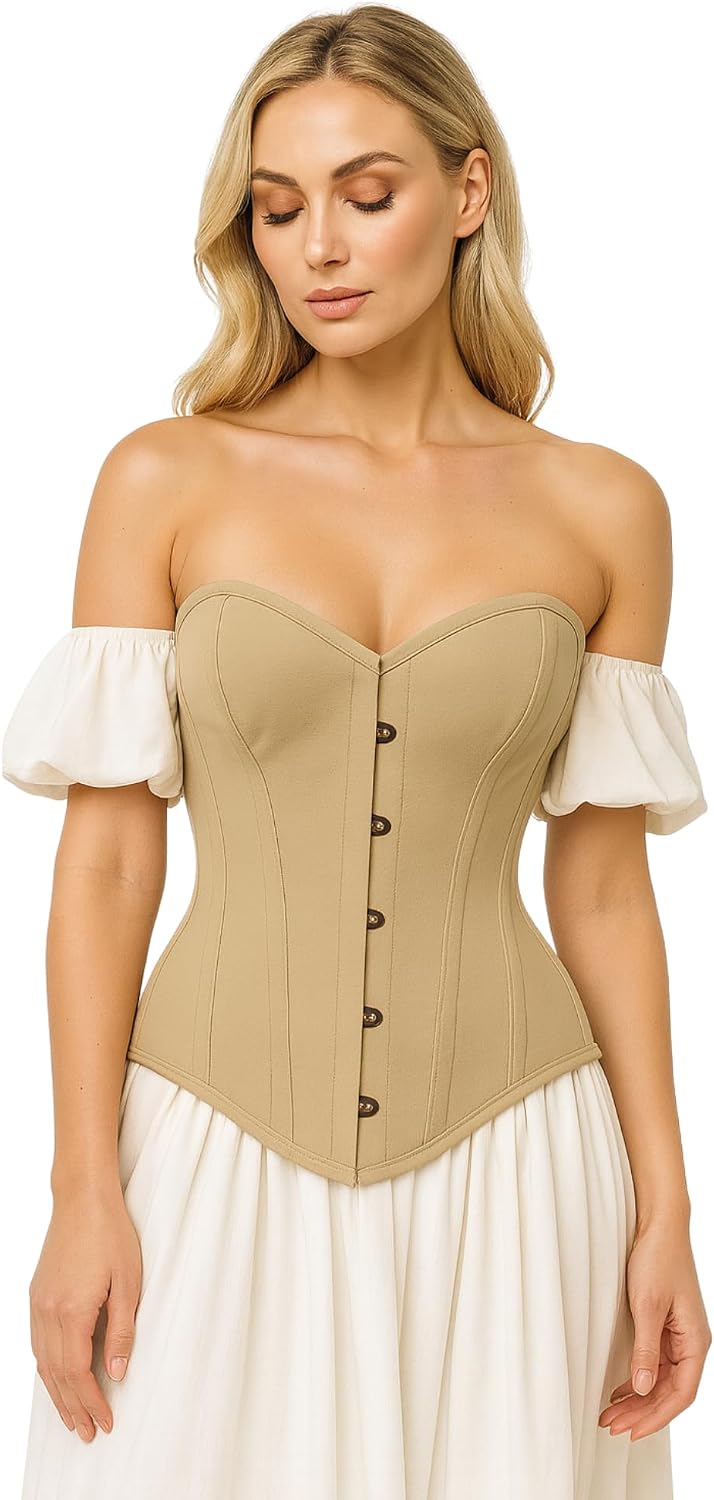 Nude Cotton Underbust Corset – 5 Busk Closures, Steel Boned Waist Trainer with Lace-Up Back
